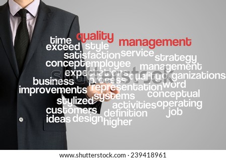 Business man presenting wordcloud related to quality management on virtual screen