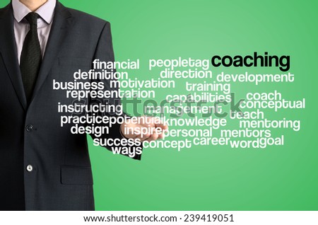 Business man presenting wordcloud related to coaching on virtual screen