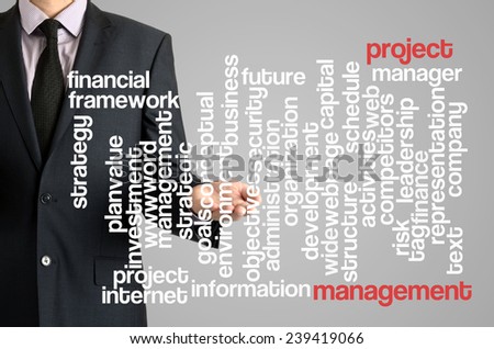 Business man presenting wordcloud related to project management on virtual screen