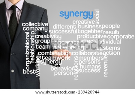 Business man presenting wordcloud related to synergy on virtual screen