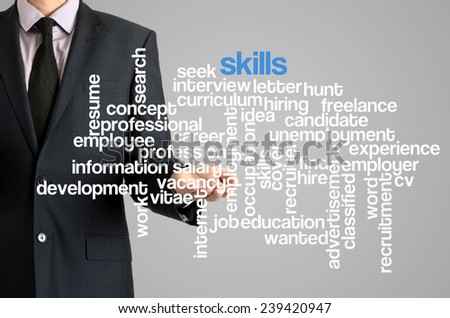 Business man presenting wordcloud related to skills on virtual screen