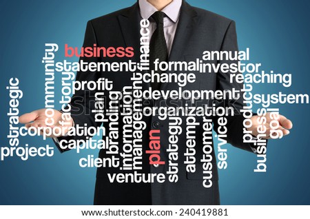 the businessman is presenting the cloud of connected words with: business plan
