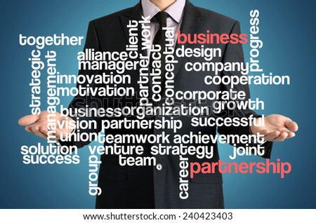 the businessman is presenting the cloud of connected words with: business partnership