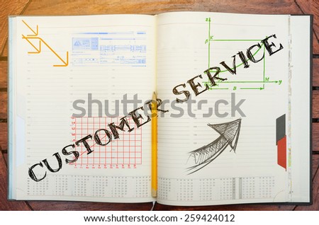 Notebook with text inside Customer Service on table