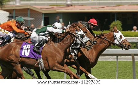 Close-Up of Jockeys Racing to the Finish Line in a Thoroughbred Horse Race