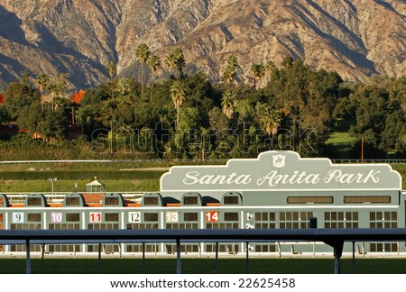ARCADIA, CA - DEC 28: Santa Anita Park and the San Gabriel Mountains in Arcadia, California, on December 28, 2008. A popular tourist site, Santa Anita began its 74th racing season on December 26th.