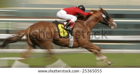 Slow shutter speed rendering of one racing horse and jockey