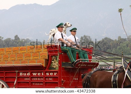 ARCADIA, CA - DEC 26: The world-famous Budweiser Beer Wagon, pulled by the team of Clydesdale horses, drives down the main track in a performance at Santa Anita Park on Dec 26, 2009, Arcadia, CA