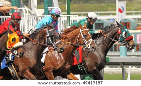 ARCADIA, CA - MAR 20: Thoroughbred horses break from the gate in a maiden race at Santa Anita Park on Mar 20, 2010 in Arcadia, CA.