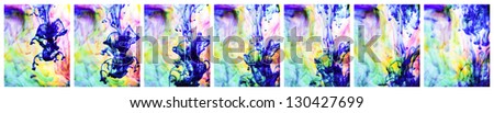 Sequence of 7 images, close-up of ink flowing through water,
