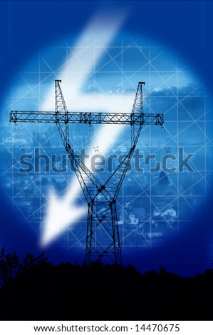 Electric pylon with blue abstract background and power supply icon