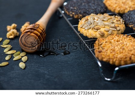 homemade healthy cookie with seeds and honey on cooling tray