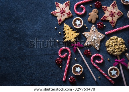Christmas festive sweets food border background with copy space