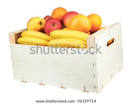 wooden box with fresh fruit, isolated on white