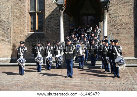 THE HAGUE, HOLLAND - SEPTEMBER 21: Brass band before the Ridderzaal on Prinsjesdag (annual presentation of Government Policy to Parliament by the Queen) on September 21, 2010 in The Hague, Holland.