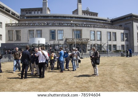 THE HAGUE, HOLLAND - MAY 27: International TV crews in front of the Yugoslavia Tribunal in The Hague, Holland, on May 27, 2011 where Serbian ex-general Mladic is prosecuted for war crimes