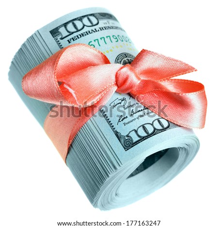 Roll of new hundred dollar bills - Money for gift