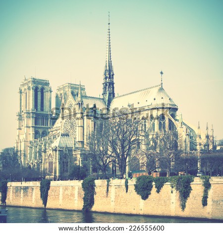 Notre Dame de Paris in France. Instagram style toned image
