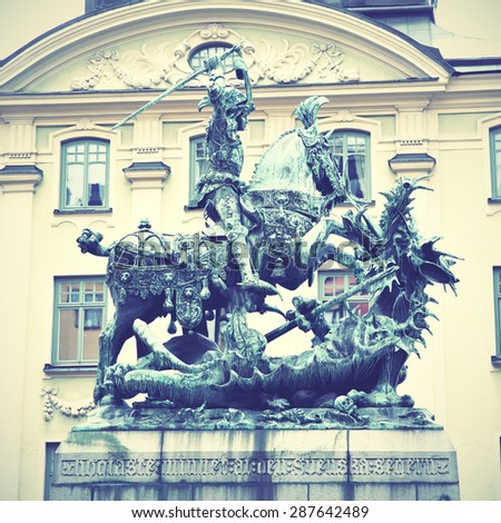 Statue of Saint George and Dragon in Stockholm. Instagram style filtred image