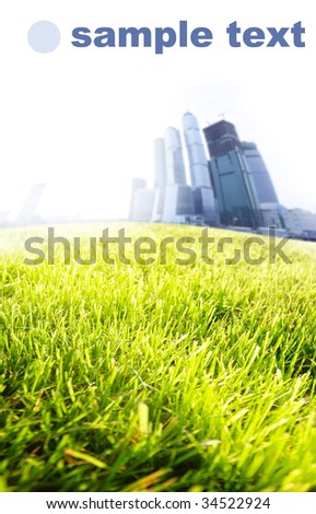 Green grass field and city far off. Focus on the foreground!!! Shallow DOF!!!
