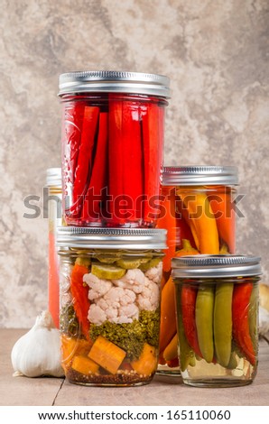 Pickled mixed vegetables from home canning with peppers and carrots