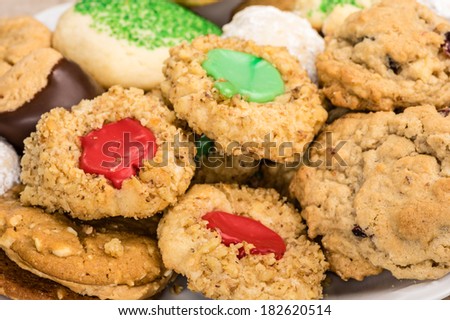 A mixed plate of cookies showing several different kinds of sweets