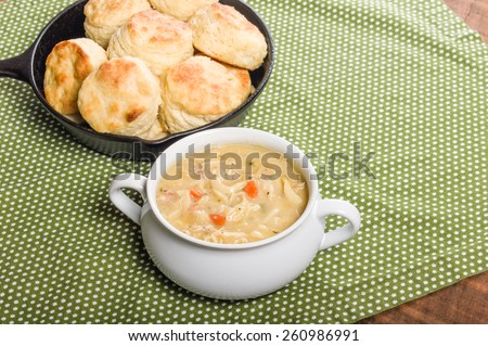 Hot chicken soup with skillet baked biscuits