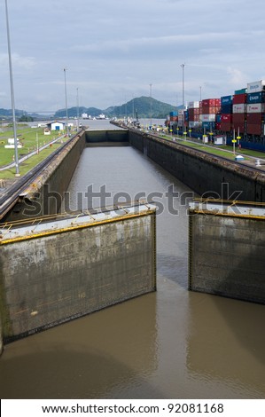 Gates of the Miraflores Locks in Panama Canal opening to allow ships in