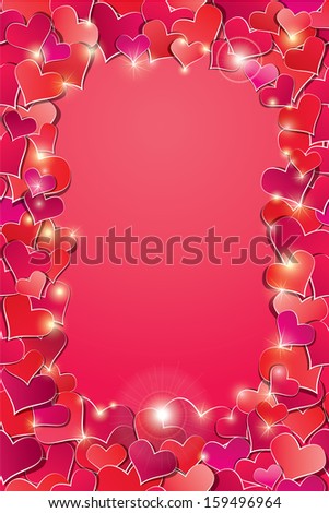 Valentine\'s day or Wedding background with Red hearts confetti. Vertical holidays frame.