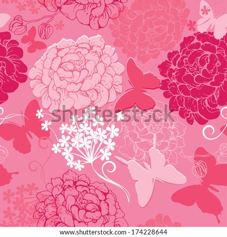 Seamless pattern with butterflies silhouettes and hand drawn flowers - abstract background in pink colors. Raster version