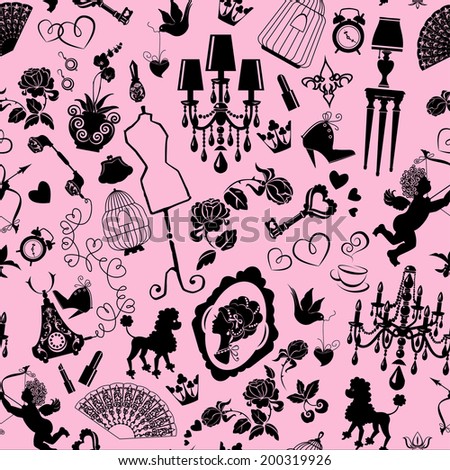 Seamless pattern with glamour accessories, furniture, girl portrait and dogs - black silhouettes on pink background. Ready to use as swatch.  Raster version
