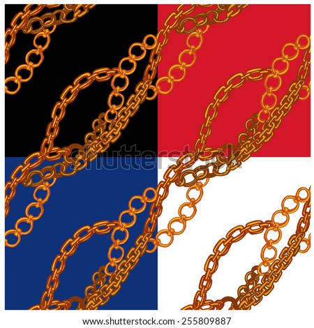 Set of seamless patterns with handdrawn Gold chains on black, red, blue and white backgrounds. raster version