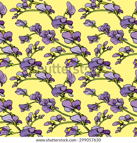 Seamless pattern with Realistic graphic flowers - sweet pea - hand drawn background. Raster version