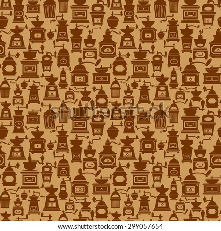 Seamless pattern with different shapes vintage coffee mills silhouettes. Background design for cafe or restaurant menu.