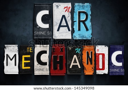 Car mechanic word on vintage broken license plates, concept sign