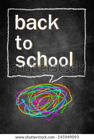 Back to school on chalk board with colorful wild whirl lines, conceptual sketch