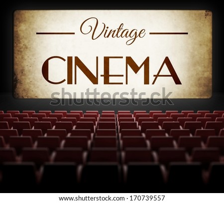 Vintage cinema movie in old retro interior, view from audience