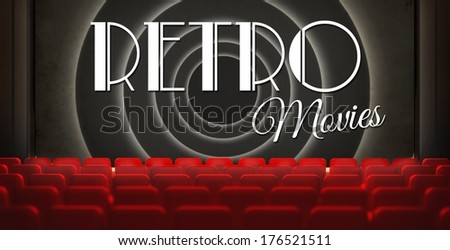 Vintage movie screen in old retro cinema, view from audience