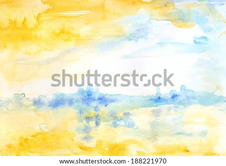 Watercolor landscape yellow and blue. Atmospheric bright abstract watercolor landscape suggesting water, a city perhaps, and clouds.