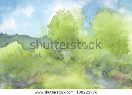 Watercolor landscape bright green foliage. Watercolor landscape spring green foliage.