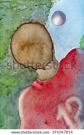 Soccer boy. Boy in red match sweater abstract watercolor painting. Boy in red match sweater practices soccer and is about to catch a ball high up in the air.