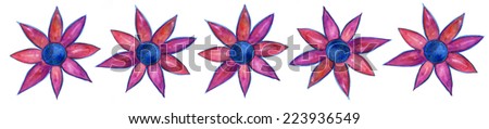 Five purple flowers. Five purple watercolor handmade painted flowers in a row isolated on white. Art background texture margin.