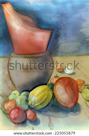 Kitchen table with orange napkins, harvested tomatoes, fruit and small tea light. Original watercolor and gouache painting.