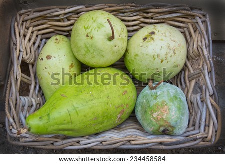 Green squash like fruits in a basket on display in a market. Majorca, Balearic islands, Spain.