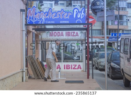 CAN PASTILLA, MAJORCA, SPAIN - NOVEMBER 4 2013: The popular Manchester pub in Can Pastilla closes down outdoors for the winter on November 4 2013 in Can Pastilla, Mallorca, Balearic islands, Spain.