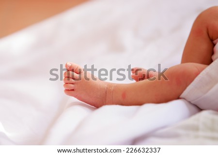 Newborn baby girl feet. A closeup with a candid appeal. The baby skin is caucasian tone.