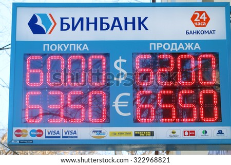 PERM, RUSSIA - MAR 14, 2015: Display Bin Bank with digits exchange rates - dollar and euro. Due to conflict in Ukraine ruble falls and dollar strengthened