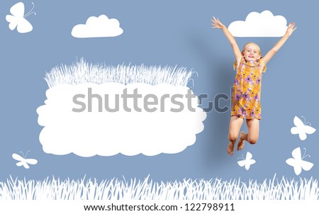 Girl jumping in a color dress on paint wall. collage of a happy childhood