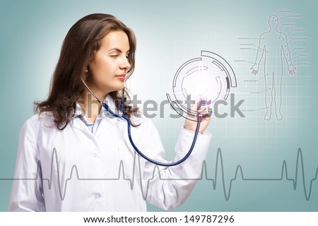 young woman doctor stethoscope luminous digital display, the concept of digital technologies in medicine