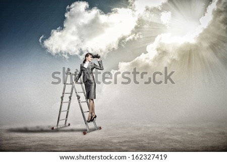 businesswoman climbed a ladder and looking through binoculars